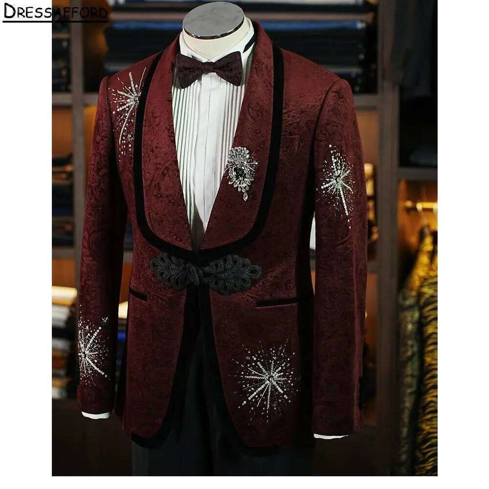 Dark Red Jacquard Crystal Bead - đánh giá và giá Men Formal Wear Red