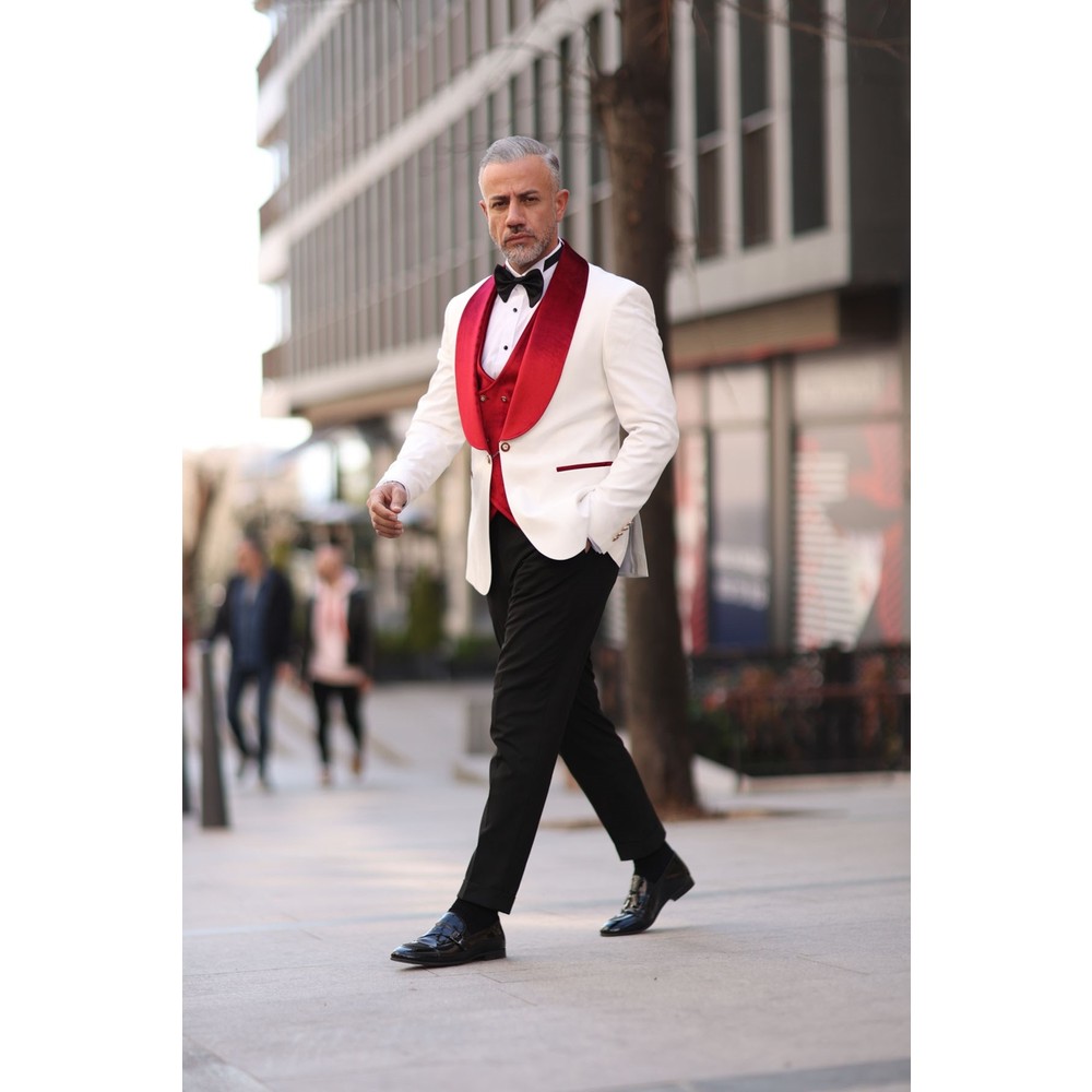 Red White Men Wedding Tuxedos  - đánh giá và giá Men Formal Wear Red