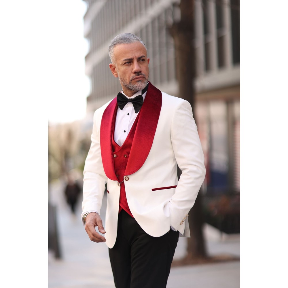 Red White Men Wedding Tuxedos  - đánh giá và giá Men Formal Wear Red