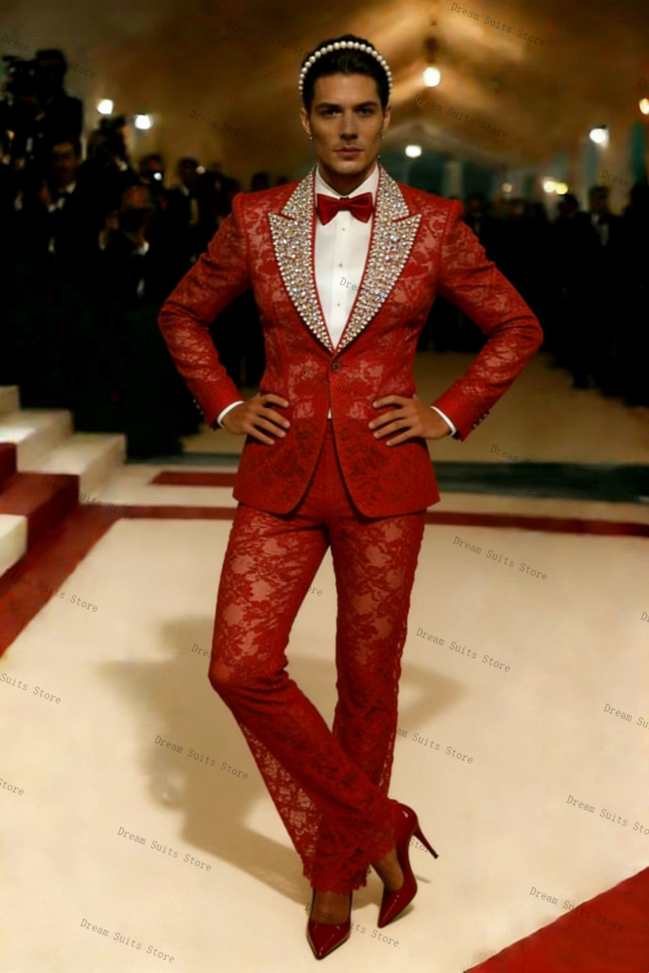 Gold Crystals Men Suit Set 2 P - đánh giá và giá Men Formal Wear Red